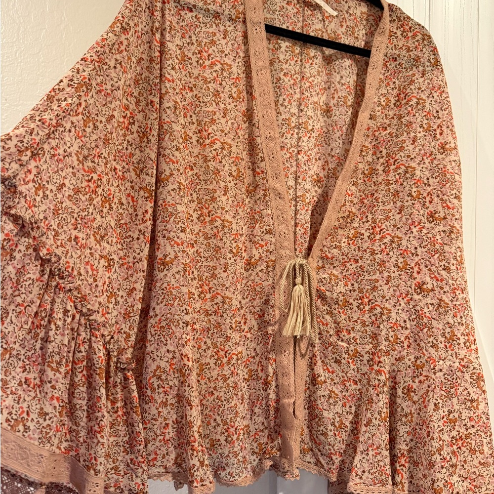 Free People Cream Floral Tie-Front Boho Top with Tassel